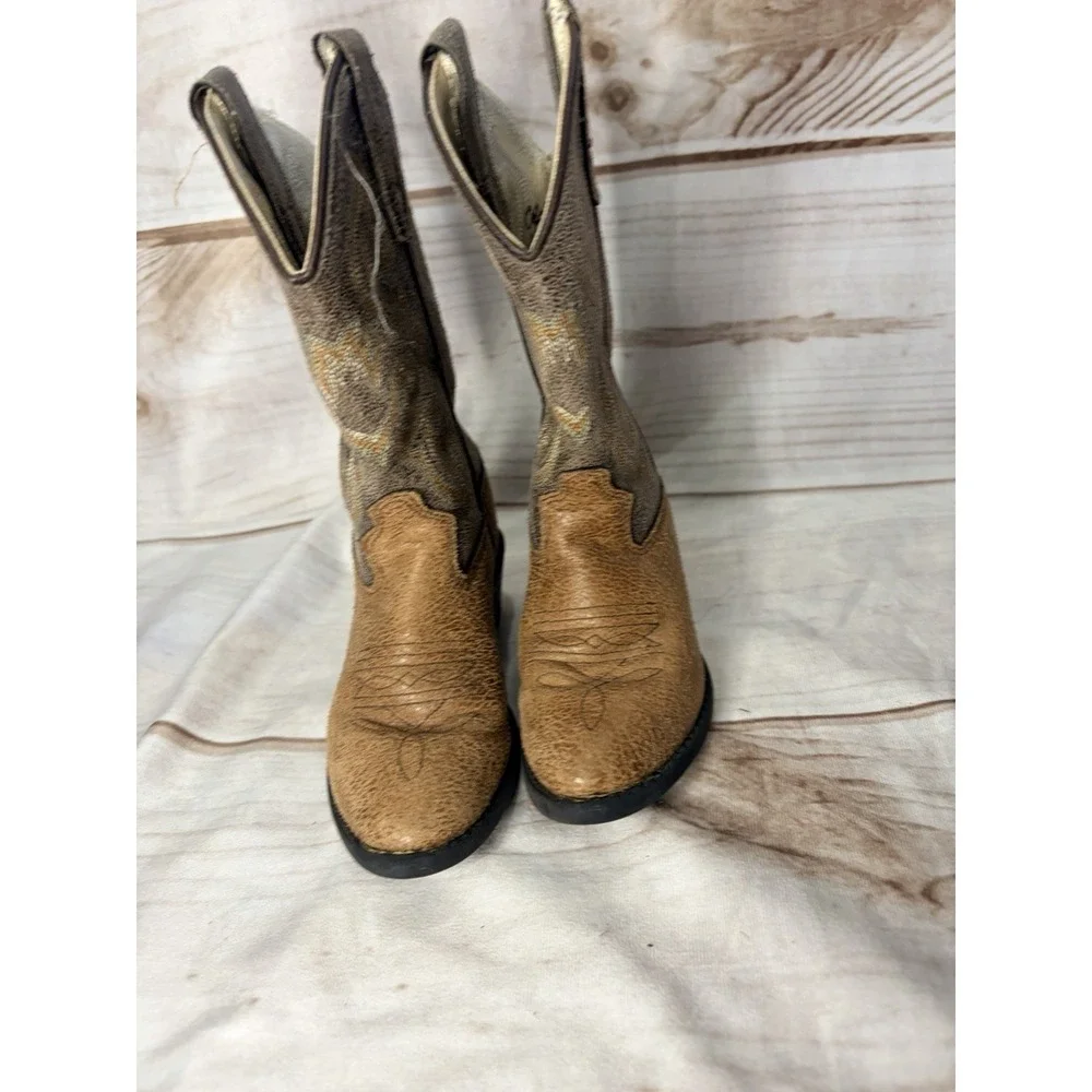 Old West Girls 8.5 Western Cowboy Boots Tan Brown Embroidered Square Toe